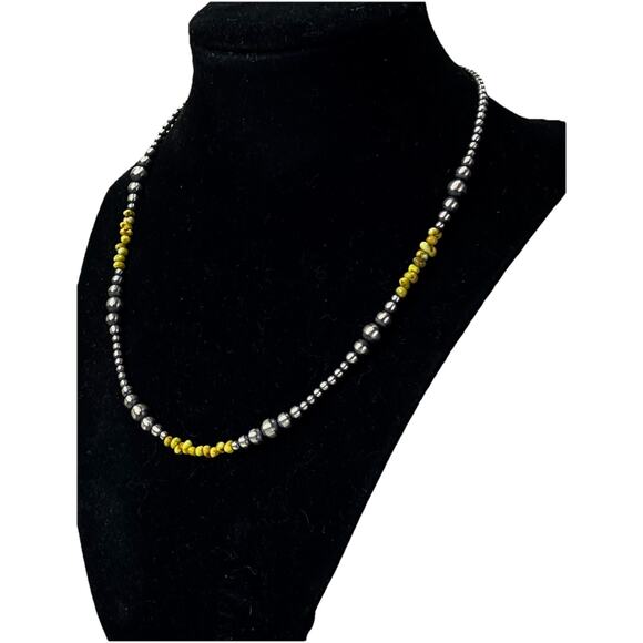 Sterling Silver NAVAJO PEARL & Palomino Turquoise Beaded 17” Necklace .925 NEW - Picture 1 of 13